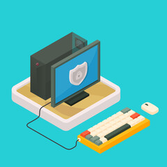 PC computer and keyboard in sandbox technology isometric 3D vector illustration