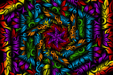 seamless colourful caleidoscope gradient flower and leaf art pattern of indonesian culture traditional tenun batik ethnic dayak ornament for wallpaper ads background 