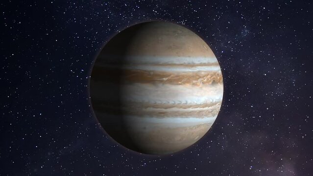 Jupiter Planet Turning In Milky Dark Outer Space Stars.  Realistic Planet With Moving Shadow and Light. 4K Video Full View 