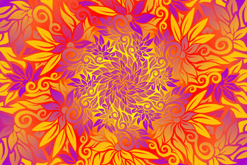 seamless colourful caleidoscope gradient flower and leaf art pattern of indonesian culture traditional tenun batik ethnic dayak ornament for wallpaper ads background  - obrazy, fototapety, plakaty