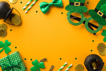 Top view photo of st patrick's day decor hat shaped party glasses straws green bow-tie giftbox...