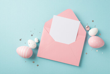 Top view photo of easter decorations open pink envelope with letter shiny confetti pink and white easter eggs on isolated pastel blue background with blank space