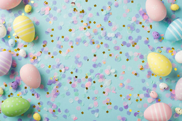 Top view photo of easter decorations different color easter eggs gold pink and lilac confetti on isolated pastel blue background