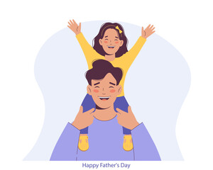 Cheerful and happy little girl is sitting on her father's shoulders. Friendly family, Father's Day holiday