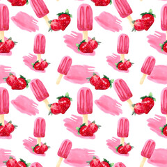 Watercolor background with ice cream on a stick and juicy strawberries. Seamless pattern for bright colorful wallpaper, textiles, packaging, office and bed linen.