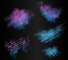 Set of meteoritfall realistic effects. Falling meteors and meteorites with far shining stars inside space mist clouds isolated on dark transparent background. Vector illustration. © vellot