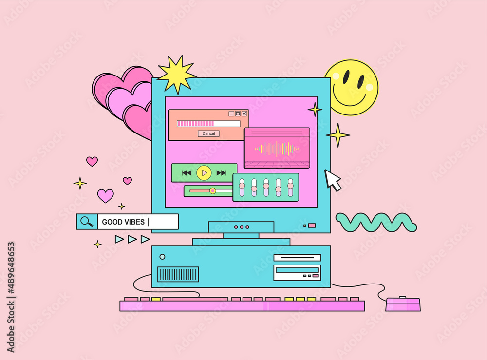 Fototapete pc with monitor keyboard and mouse in retro style. computer with musical user interface elements.
