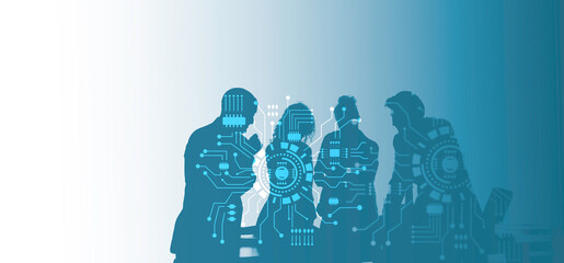 Business global network connection telecommunication Metaverse technology concept, Futuristic business people group working on communication technology with internet link graphic background