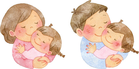 女の子を抱きしめる父と母のイラスト