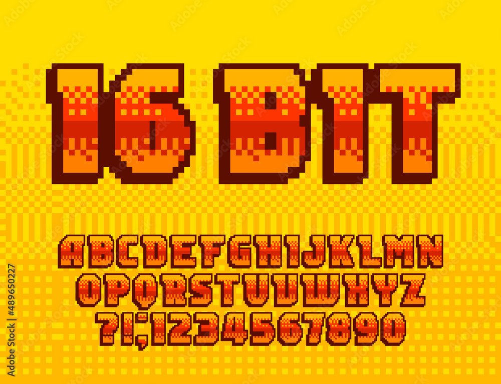 Poster 16 bit alphabet font. pixel letters and numbers. 80s arcade video game typeface.