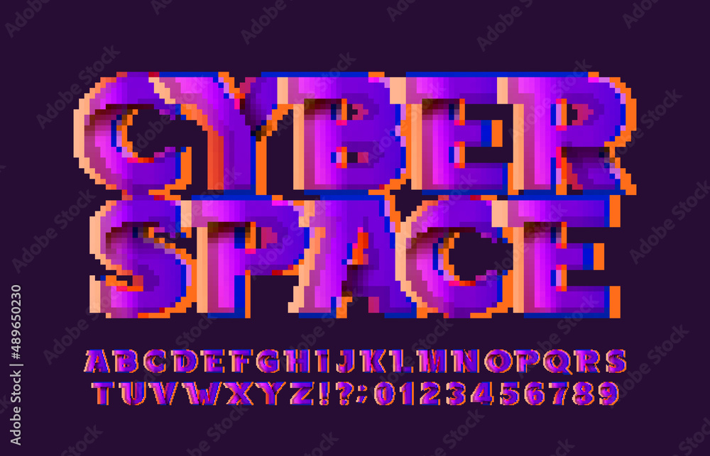 Poster cyber space alphabet font. pixel digital gradient letters and numbers. 80s arcade video game typefac