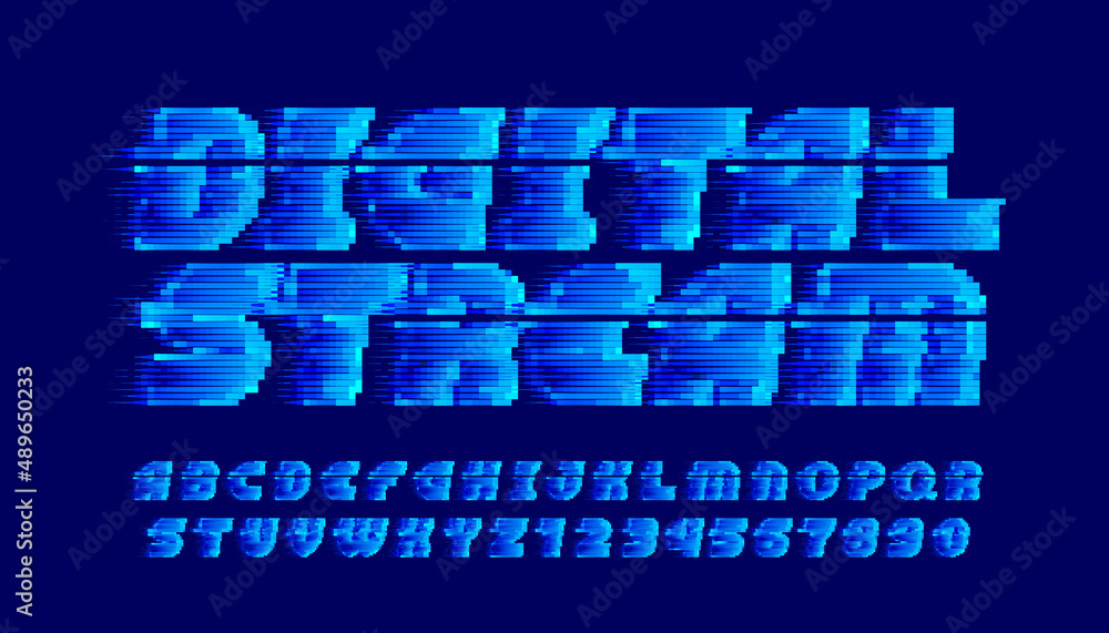 Poster digital stream alphabet font. pixel digital gradient letters and numbers. 80s arcade video game type