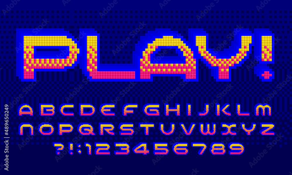 Poster play alphabet font. 3d pixel letters and numbers. 80s arcade video game typeface.