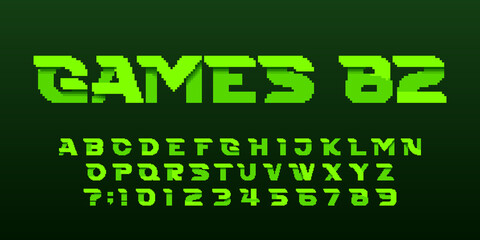 Games 82 alphabet font. Pixel letters and numbers. 80s arcade video game typeface.