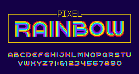 Naklejka na ściany i meble Pixel Rainbow alphabet font. Digital letters and numbers. 80s arcade video game typeface.