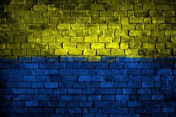 Flag of Ukraine on Brick Wall, Industrial Graphic, Symbol of Freedom, Grunge Style Picture, Fight in War with Russia, Symbolic Image, Texture on urban surface, Patriotic background