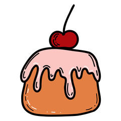 Cake with cream and cherry. Hand drawing art dessert theme with a muffin and red cherry for logo isolated on white background