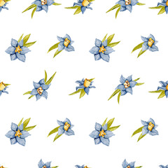 Watercolour floral seamless pattern with blue daffodils and green leaves. Romantic narcissus buds endless background.