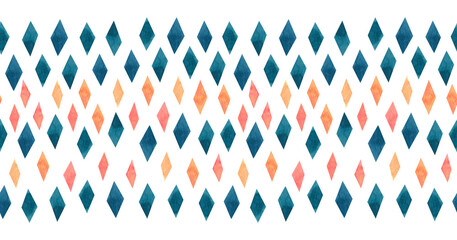 Watercolour geometric seamless pattern with rhombuses in trendy colors. Hand-painted bright diamond-shaped vintage border on white background.