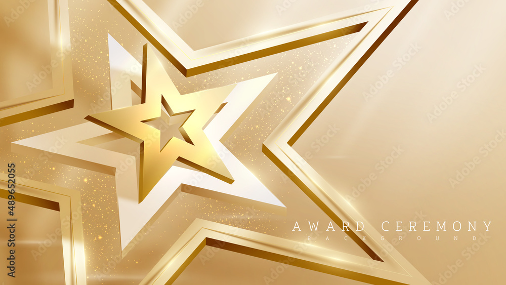 Wall mural 3d golden star shape element with glitter light effect decoration. luxury award ceremony concept.
