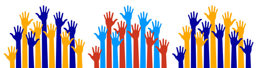 Bright colorful caring up hands set. Logo design element. Volunteers hands up emblem icon for education, health care, medical, volunteer, vote. Vector illustration