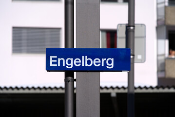 Sign at the railway station of ski resort Engelberg in the Swiss Alps on a sunny winter day. Photo taken February 9th, 2022, Engelberg, Switzerland.