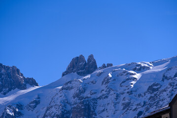 Aerial view of mountain panorama at the Swiss Alps seen from ski resort Engelberg, focus on...