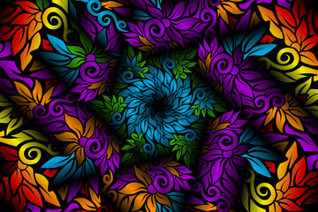 seamless colourful caleidoscope gradient flower and leaf art pattern of indonesian culture traditional tenun batik ethnic dayak ornament for wallpaper ads background 