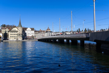 Cityscape of medieval old town of Luzern with river Reuss on a sunny winter day. Photo taken...