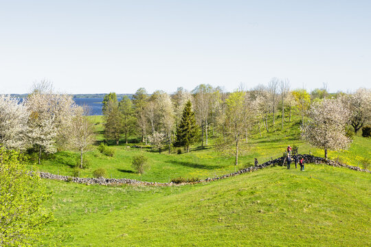 View of meadows and a lake in the spring