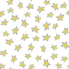 Star seamless pattern background with black and yellow color in doodles hand drawn style.  Cute and modern festive pattern with stars shape. Can use for kids texture, print textile, wrapping paper
