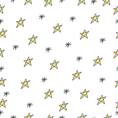 Star seamless pattern background with black and yellow color in doodles hand drawn style.  Cute and modern festive pattern with stars shape. Can use for kids texture, print textile, wrapping paper