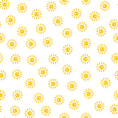Yellow cute and funny sun seamless pattern background with doodles hand drawn style. Modern, childish and festive sunny wallpaper for print, wrapping paper. Sun drawing, sunrise and nature backdrop.