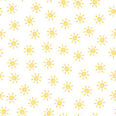 Yellow cute and funny sun seamless pattern background with doodles hand drawn style. Modern, childish and festive sunny wallpaper for print, wrapping paper. Sun drawing, sunrise and nature backdrop.