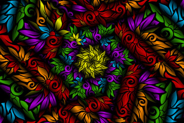 seamless colourful caleidoscope gradient flower and leaf art pattern of indonesian culture traditional tenun batik ethnic dayak ornament for wallpaper ads background 