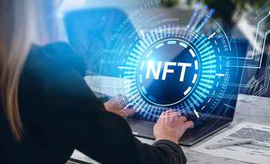 Woman using laptop, NFT icons with circuit, digital hologram and