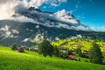 Grindelwald village and tourist resort with Eiger mountain in background