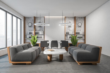 Bright office conference room interior, meeting board desk, chairs, panoramic window, relax couch area. Marble walls concrete floor. Time zone clocks. Concept of international coworking. 3d rendering