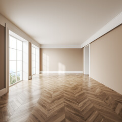 Beige bright office, living room interior with a lot of empty space for creative idea, two panoramic windows and hardwood floor. Freehold estate. Concept of new co working or home. 3d rendering