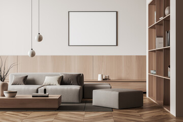 Living room interior with couch and shelf. Mockup frame