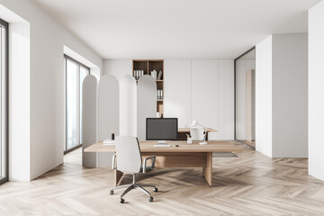 Light workplace interior with chairs and table, shelf and window