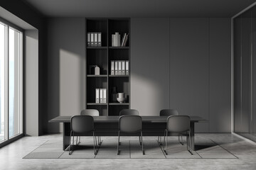 Front view on office room interior with meeting board, desk, chairs, panoramic window, glass partition and concrete floor. Concept of place for working process. 3d rendering