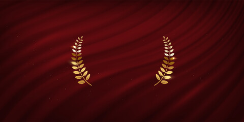 Award nomination emblem, gold laurel wreath with red curtain background. Movie award ceremony opening, celebration event, announcement vector illustration. Film theatre scene.