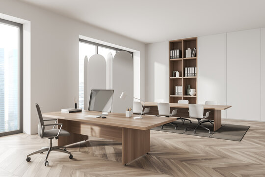 Corner view on bright white office room interior with meeting board, desk with desktop computer, armchair, panoramic windows, hardwood floor. Concept of place for working process. 3d rendering
