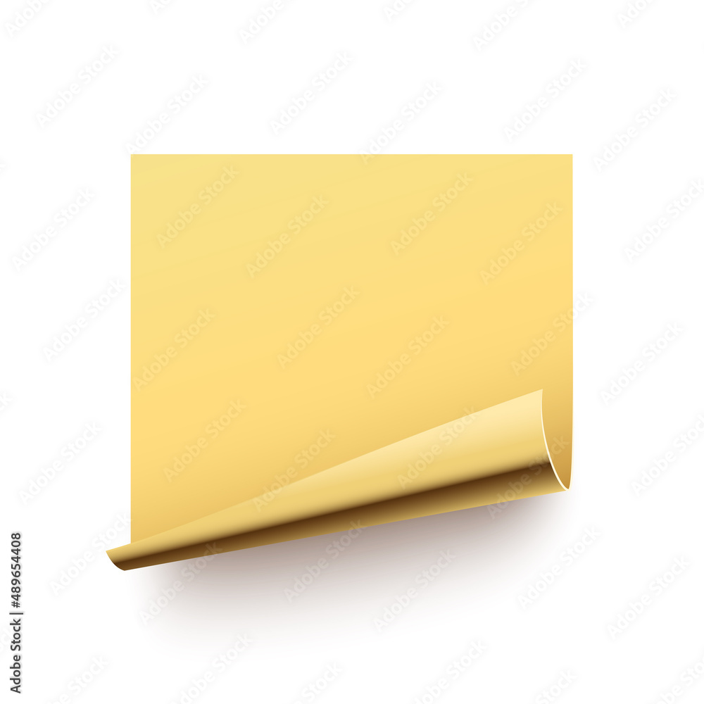 Poster square gold paper sticker with curl golden corner vector illustration. sticker blank page leaf with 