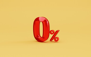 Red zero percentage or 0 percent on yellow background for special offer of shopping department store and discount concept by 3d render.