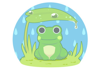 雨宿りするカエルのイラスト