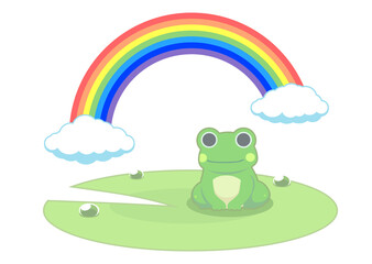 蓮の上で虹を見るカエルのイラスト