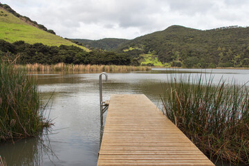 Wooden deck at lake Wainamu, New Zealand.