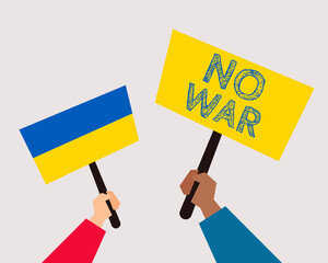 Protest manifestation against war in Ukraine concept: Two hands hold massage about NO WAR IN UKRAINE. Cartoon vector style for your design